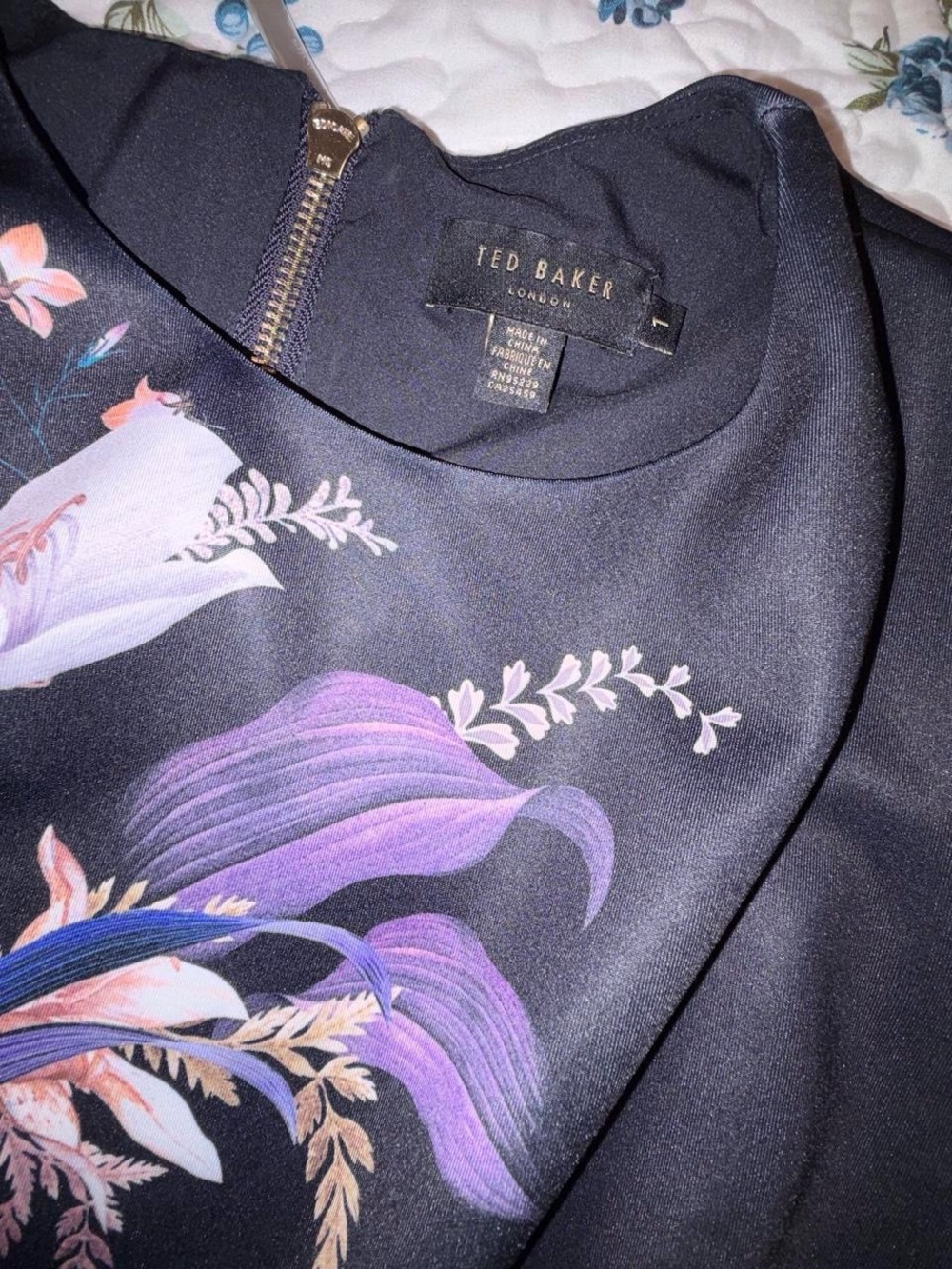 Ted Baker Black Floral Fit & Flare Decadence Dress with Purple and Cream Accents - Picture 4 of 6